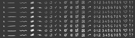 Set of 8 Vector Charcoal Crayon Brushes and rough strokes. Hand drawn chalk pencil smears. White Scribble on a black background. Isolated scrawl elements. Saved in the paletteのイラスト素材