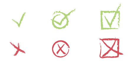 Set of charcoal circle and square frames with colored checkmarks and crosses. Vector doodle crayon marker drawing. Hand drawn elementsのイラスト素材