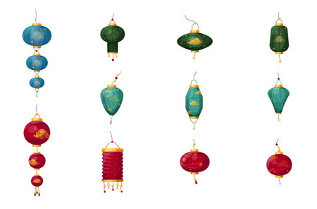 Vector set of colorful Chinese lanterns with ornaments. Symbol of Chinese New Year, Mid-Autumn Festival, Lantern and Spring festival. Illustrations for compositions and cardsのイラスト素材