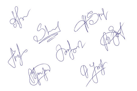 Vector Hand drawn crayon pen Fake autograph samples set. Fictitious Signaturesのイラスト素材