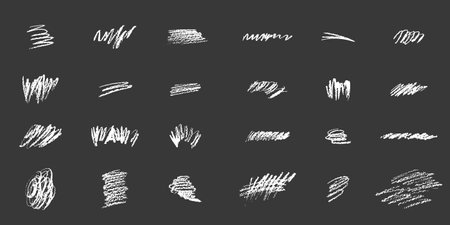 Vector Set of Hand drawn Charcoal scribbles and scrawls. Grunge pen crayon pencil collection. Isolated Hand drawn white elements on a black backgroundのイラスト素材