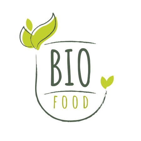 Healthy bio food label logo design with hand drawn charcoal elements. Vector illustration for logo and stickerのイラスト素材