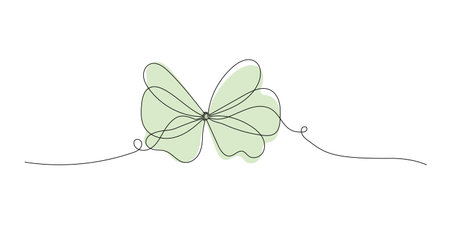 Hand drawn Ribbon bow, continuous line and green spot. Bowknot one line art isolated on white background. Vector illustration, editable strokeのイラスト素材