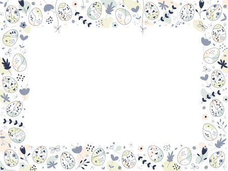 Happy Easter Doodle frame. Horizontal Floral Design. Vector copy space Background for greeting card, banner or invitationのイラスト素材
