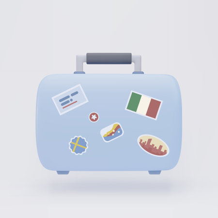 3d Suitcase, isolated luggage. Blue handbag with stickers. Vector Vacation, Time to Travel concept elementのイラスト素材