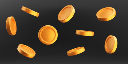 3D gold coin isolated on black background. Finance and investment symbol in perspective. Vector stylized money setのイラスト素材