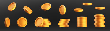 3D realistic golden coins pile. Set of different stacks of gold money and coin in perspective Finance, bank, cash, treasure. investment symbol. Vector collectionのイラスト素材