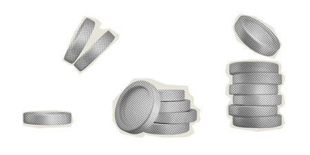 Set of coins paper sticker. 3D black white coins pile for halftone collages. Isolated vector elements, finance and banking symbol in retro y2k styleのイラスト素材