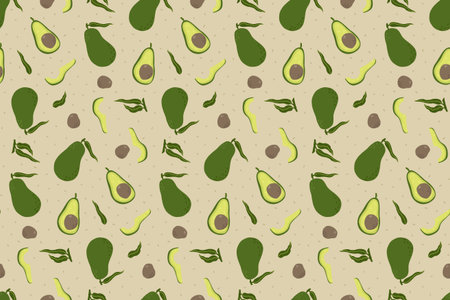 Hand drawn avocado seamless pattern. Whole, halved and sliced ripe fruit on beige background. Vector...