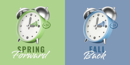 Daylight Saving Time concept with 3D alarm clock. Vector set with text spring forward and fall back, green and blue colorsのイラスト素材
