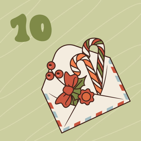 Xmas envelope with bow, candy canes and bow. Christmas advent calendar design, day 10. Vector groovy style illustration isolated on green background.のイラスト素材