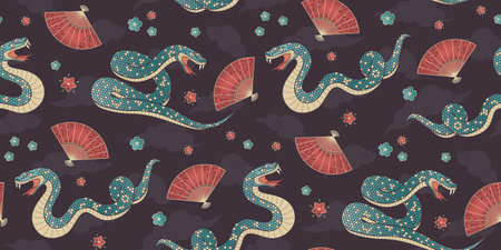 Chinese snake seamless pattern. Geometric style Symbol of the Lunar New Year 2025 and fans on a brown back. Vector background for greeting, banner, wrapping paper, textileのイラスト素材