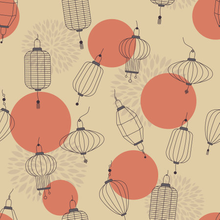 Traditional Chinese Lantern seamless pattern. Outline paper lanterns. Vector illustration for background, textile, greeting. Symbols of Chinese New Year and lanterns festivalのイラスト素材