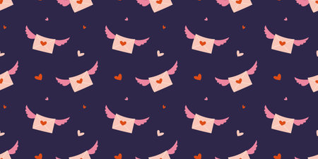 Valentine's Day seamless pattern. Message of love, pink envelope with wings, hearts. Vector illustration for background, greeting card, banner, wrapping paper, textileのイラスト素材