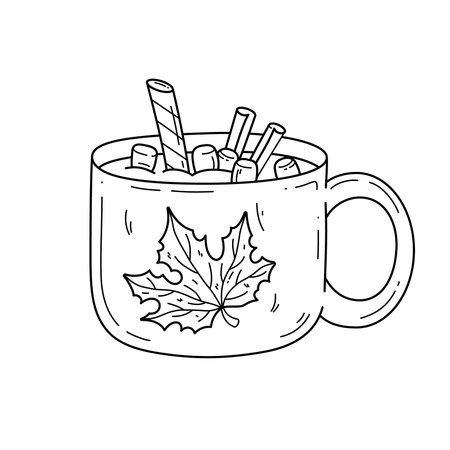 Hand drawn hot drink mug with maple leaf decor, cinnamon and marshmallow. Doodle outline illustration. Autumn vector illustration isolated on white backgroundのイラスト素材
