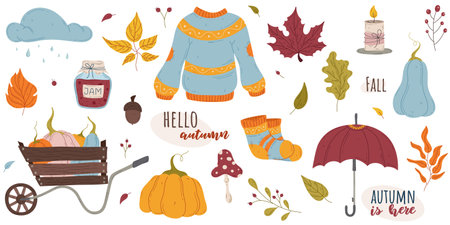 Hand drawn Autumn time set. Isolated Flat design elements for poster, banner, card, greeting, invitation, sale. Vector symbols of autumn, harvest festival, halloweenのイラスト素材
