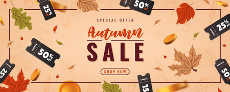 Autumn sale banner with falling leaves, 3D coupons and coins. Vector templateのイラスト素材