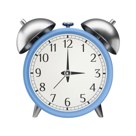 3D realistic alarm clock with metallic bell and plastic body. Retro vector design isolated on white background. Vintage analog timer icon for time management concept, deadline, reminderのイラスト素材