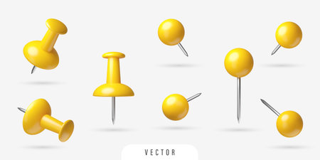 3D yellow pin and thumbtack set. Isolated realistic different vector design elementsのイラスト素材