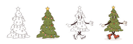 Isolated Christmas tree with colourful lights and star. Outline and colored illustrations, groovy style xmas ice-skating character. Vector set on white background for Christmas designのイラスト素材