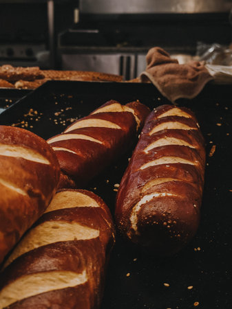 Fresh baked loaves with glossy crust on tray in bakery kitchen. Vintage color grading, warm...