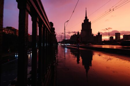 Beautiful view of the architecture of Moscow. High-rise building at sunset after rain. Moscow, hotel Ukraine, Radisson.の写真素材