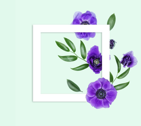 Flower composition. Flatlay. Lilac anemones on a blue background.の写真素材