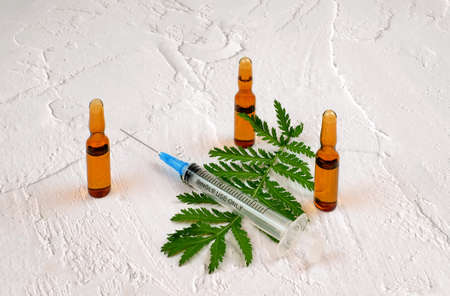 Medical vials for injection with a syringe and green leafの写真素材
