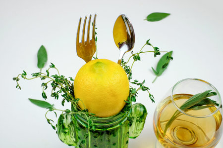 Healthy eating concept, spoon and fork in glass with rosemary and cup of herbal tea on white...