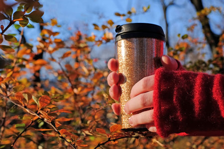 Woman hands holding coffee cup drink to go autumn fall season in the park. Autumn mood. Selective...