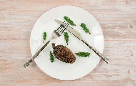 Christmas diet concept. Pine cone and pine branches as food on whete plate, fork and knife on wooden table. Vegan menu concept.の写真素材