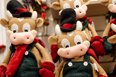 Bull toys as a symbol of the 2021 at Christmas Market in Saint-Petersburg, Russia.の写真素材