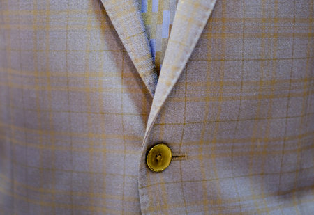 Details close-up of mens suit jacket light gray and blue colorの写真素材