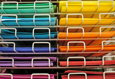 Background with different color papers on the counter in art storeの写真素材