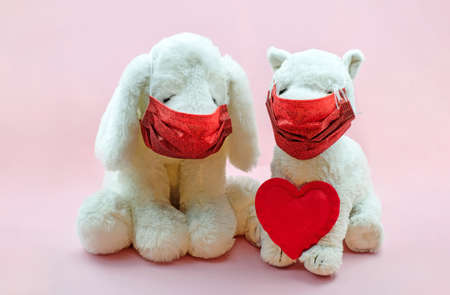 Two toys dog and cat with red heart on pink background. Toys wearing medical face masks.の写真素材