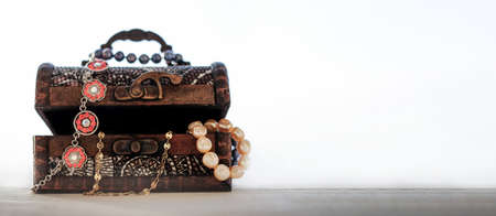 Old treasure chest with precious. Copy space. Banner.の写真素材
