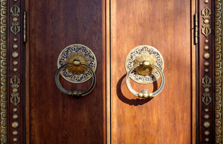 Wooden doors in Buddhist Temple Datsan Gunzechoinei in Saint-Petersburg, Russia. Close-up, sunlight