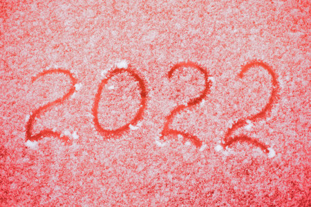 Number 2022 are written in the snow on red background, symbol of thr year