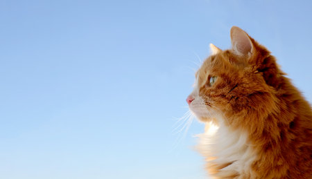 Profile portrait of red cat on blue sky background, banner with copy spaceの写真素材
