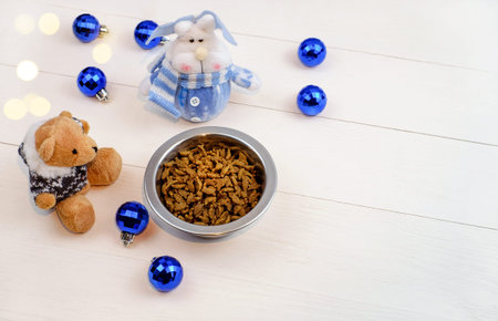 Food for pets in bowl on wooden background and christmas decor, copy spaceの写真素材