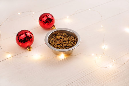 The bowl with food for pets and christmas balls on white wooden background, ligts and copy spaceの写真素材