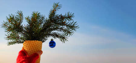 Waffle cone with branches in the hand on sky backgroundの写真素材