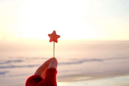 Hand holding red christmas star on winter snow and sky background with copy spaceの写真素材