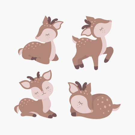 Scandinavian set of cute sleeping little baby deer. Hand drawn vector elements for nursery decoration, baby shower, birthday, children's party, poster, invitation, postcard, kids clothesのイラスト素材