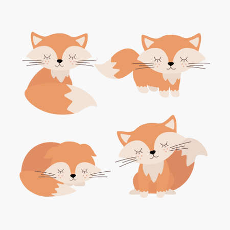 Scandinavian set of cute sleeping little foxes. Hand drawn vector elements for nursery decoration, baby shower, birthday, children's party, poster, invitation, postcard, kids clothesのイラスト素材