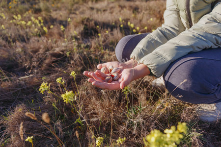 Close-up of a children holding pills in her hand in the field