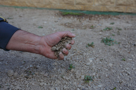 A man's hand holds a handful of sand in the ground.