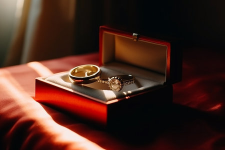 Beautiful engagement ring with gemstone in box on white table. Space for textの素材