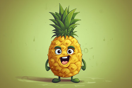 Funny pineapple. Cartoon style, Funny cute characters on green backgroundの素材