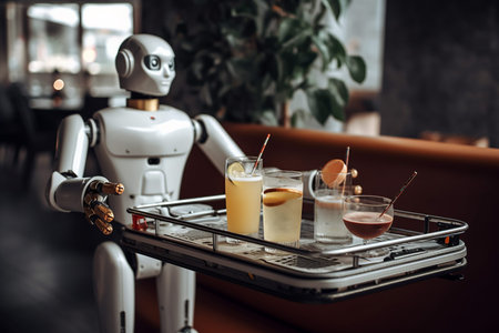 Robot waiter serves drinks in coffee. illustrationの素材